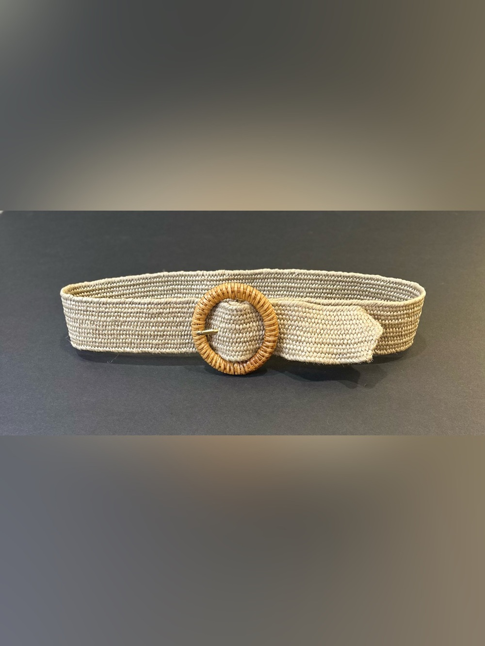 VTG 1980s-90s Woven Tan Faux Raffia Stretch Belt Round Wicker Buckle Boho S/M
